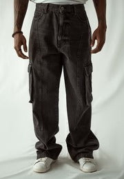 Straight Leg Cargo Jeans - Faded Grey