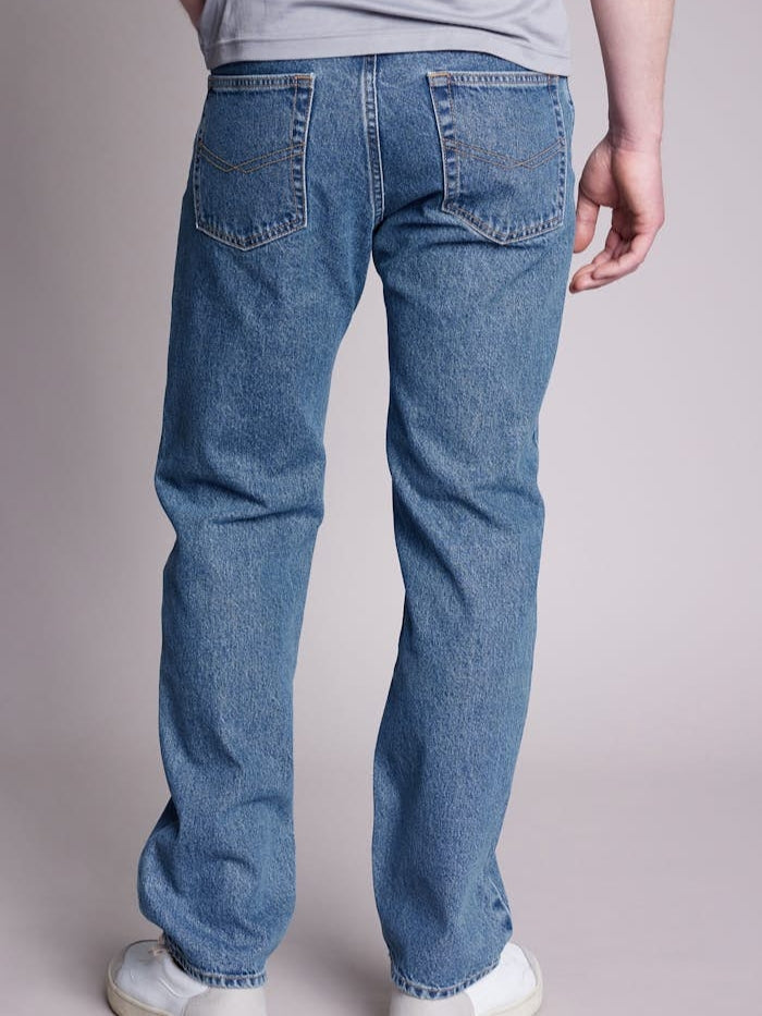 Denum Blue (stretched) straight & comfort-fit.